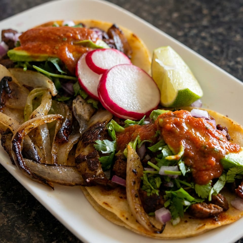 Two tacos topped with grilled meat, onions, cilantro, avocado, radishes, salsa, and lime wedges on a white plate.