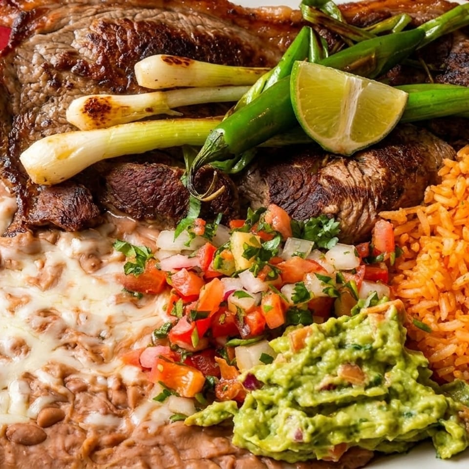Grilled steak with charred green onions and lime, served with Mexican rice, refried beans, pico de gallo, and guacamole.
